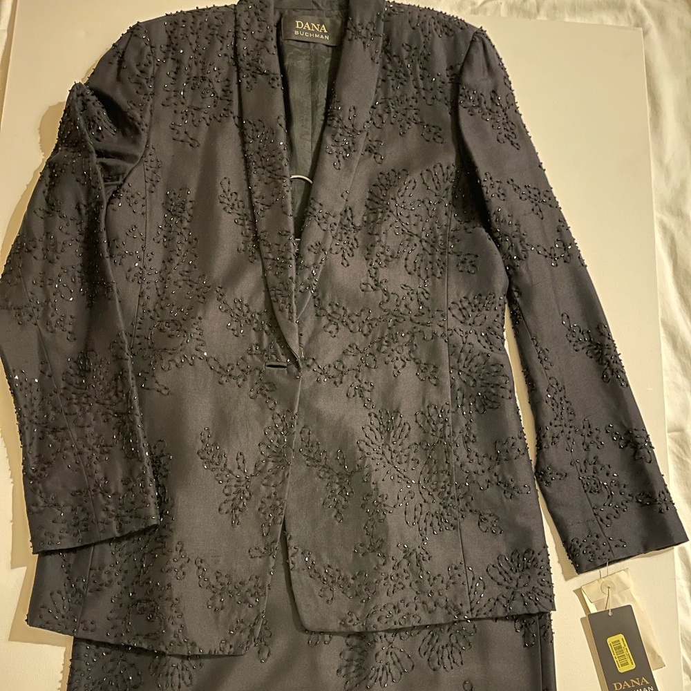 Black Beaded Skirt Suit Dana Buckman Size